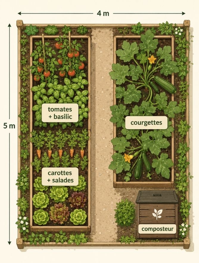 schéma plan potager de 20 m²
