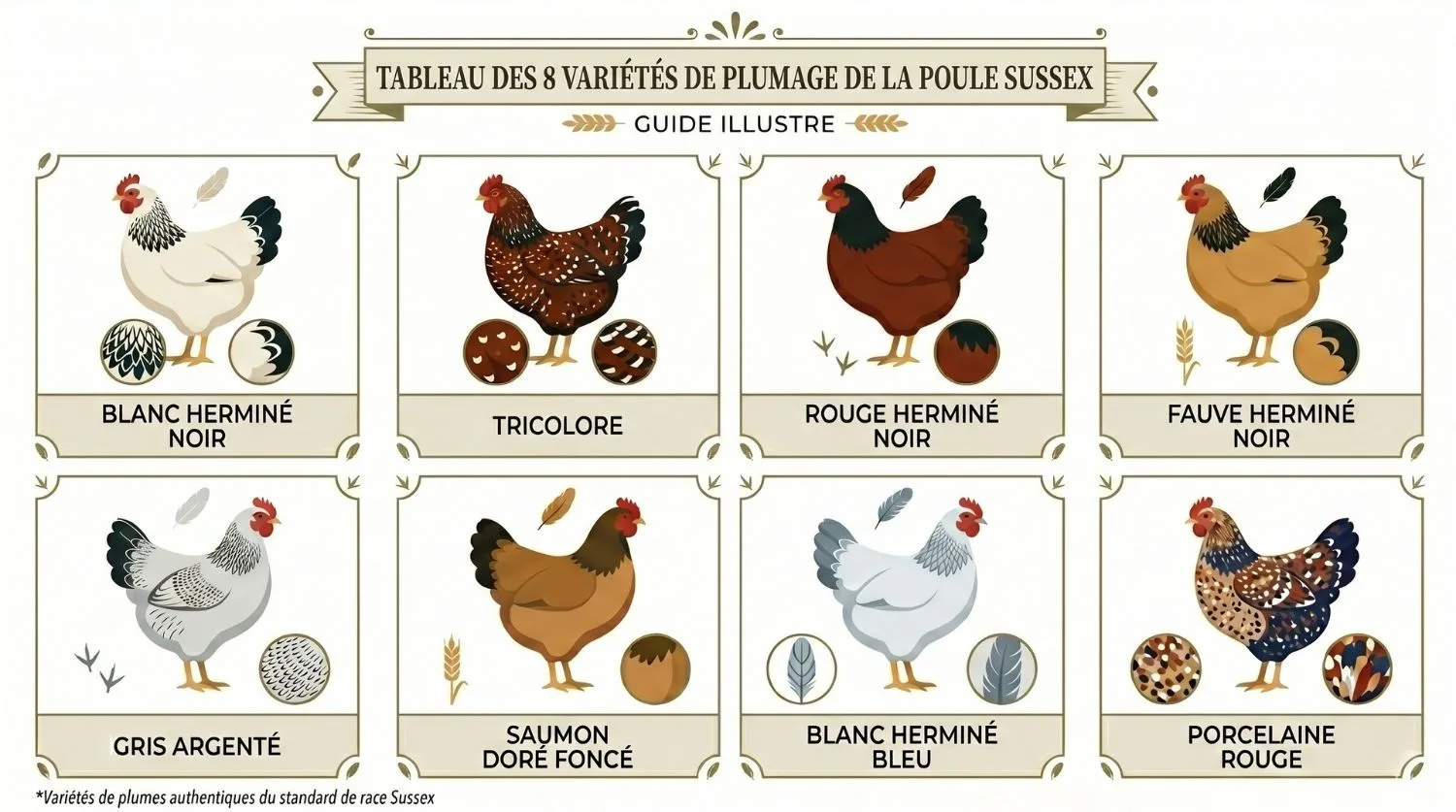 Tableau des 8 variétés de plumage de la poule sussex