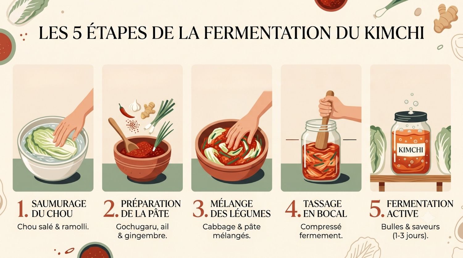 cinq étapes de la fermentation du kimchi[source: 1]