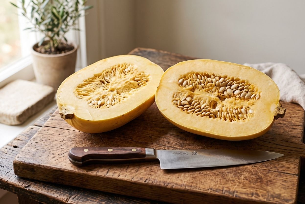 Courge spaghetti crue coupée en deux