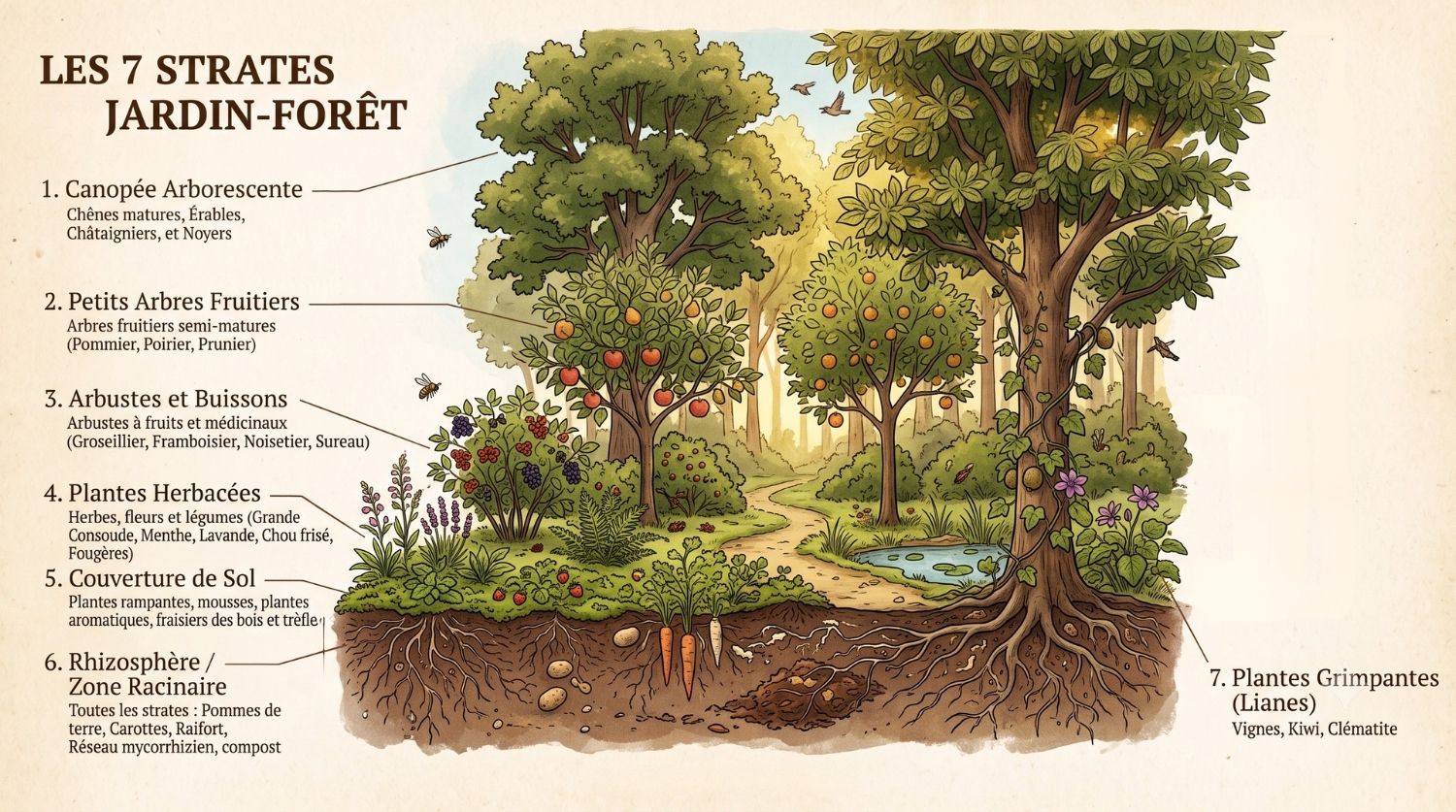 illustration des 7 strates du jardin forêt