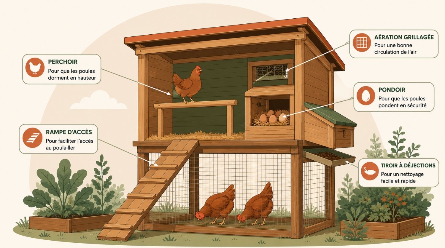 illustration en coupe d'un poulailler en bois sur pilotis