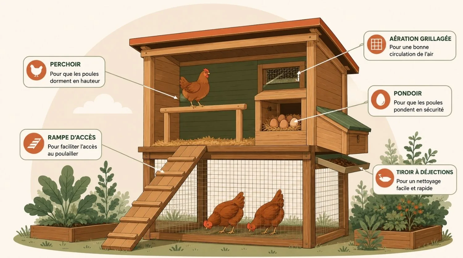 illustration en coupe d'un poulailler en bois sur pilotis