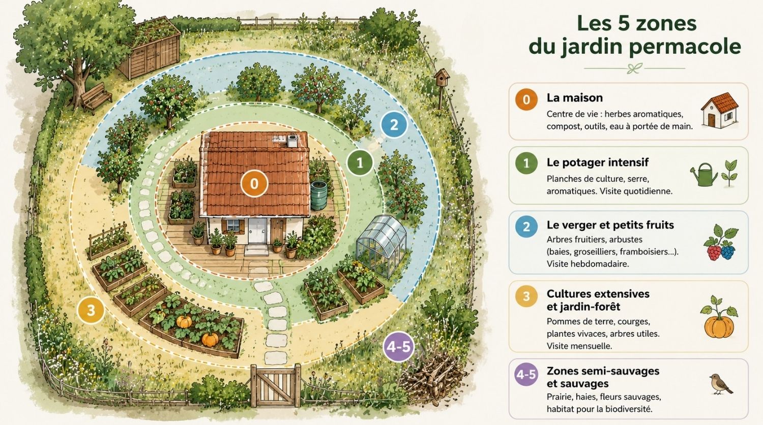 les cinq zones du jardin permacole