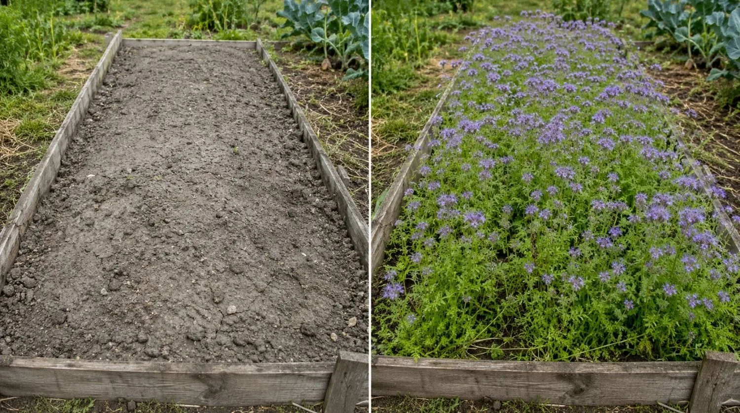 photo comparative avant après une planche de potager nue planche couverte d'un couvert de phacélie