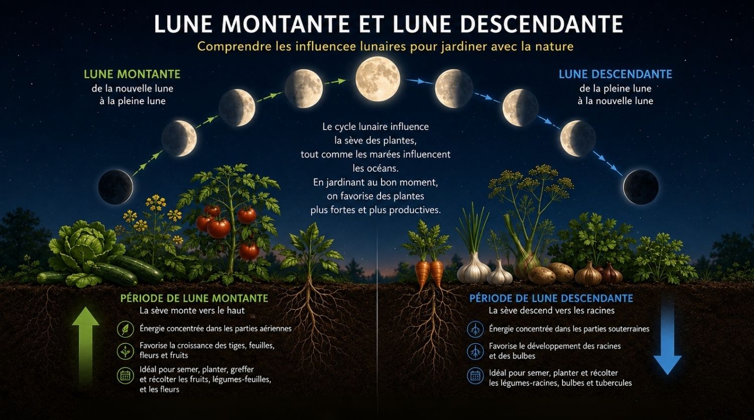 schéma explicatif lune montante et lune descendante