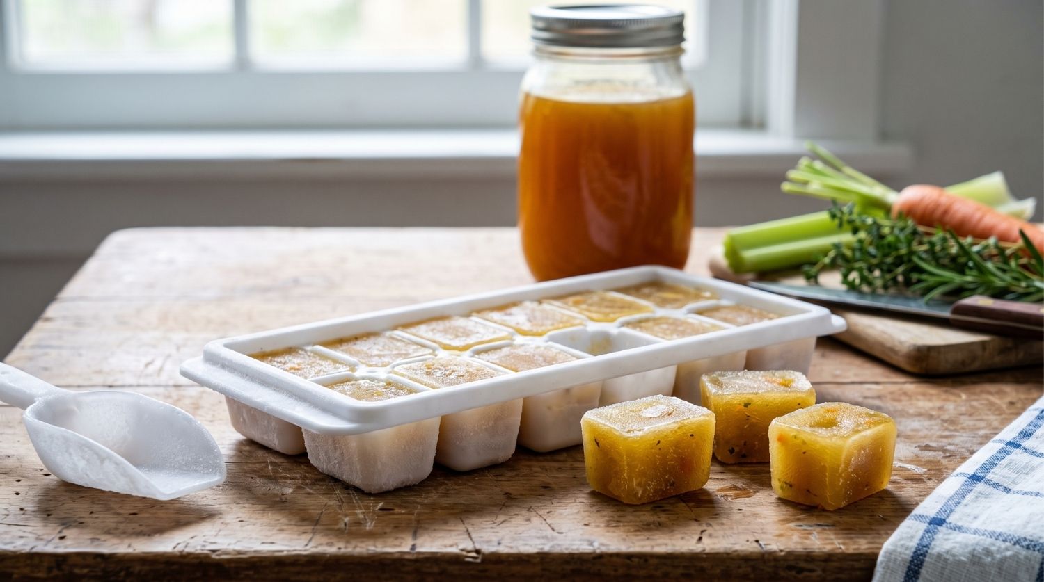 bac à glaçons rempli de bouillon de légumes