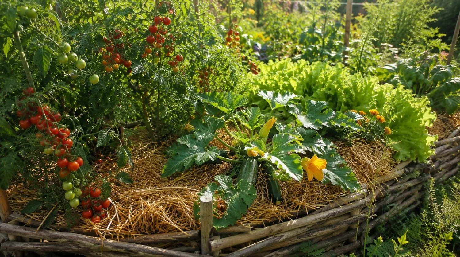 Butte de permaculture au potager en pleine production estivale