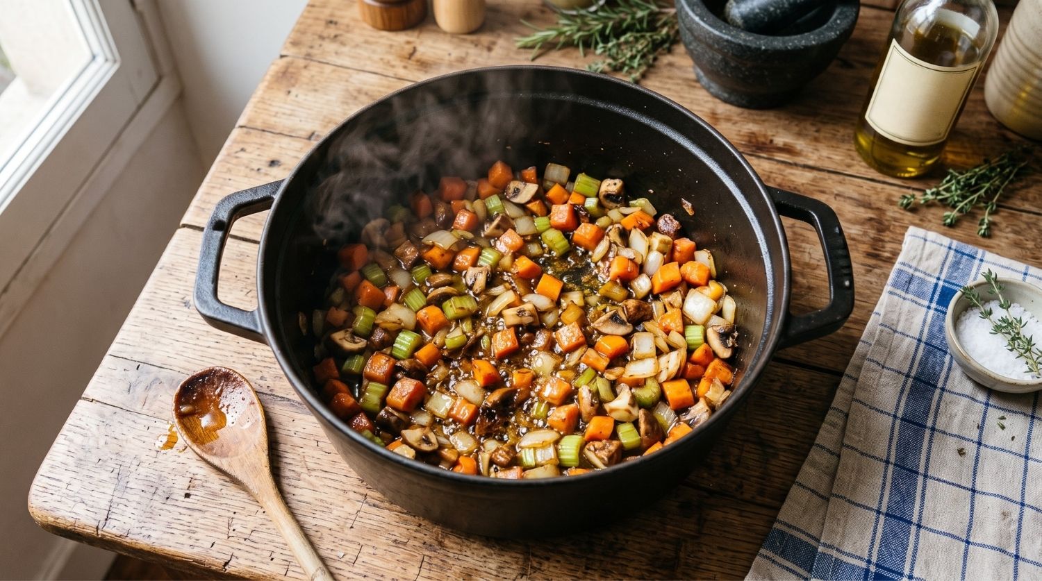 cocotte où des dés de carotte, oignon, céleri et champignons caramélisent dans un filet d'huile d'olive
