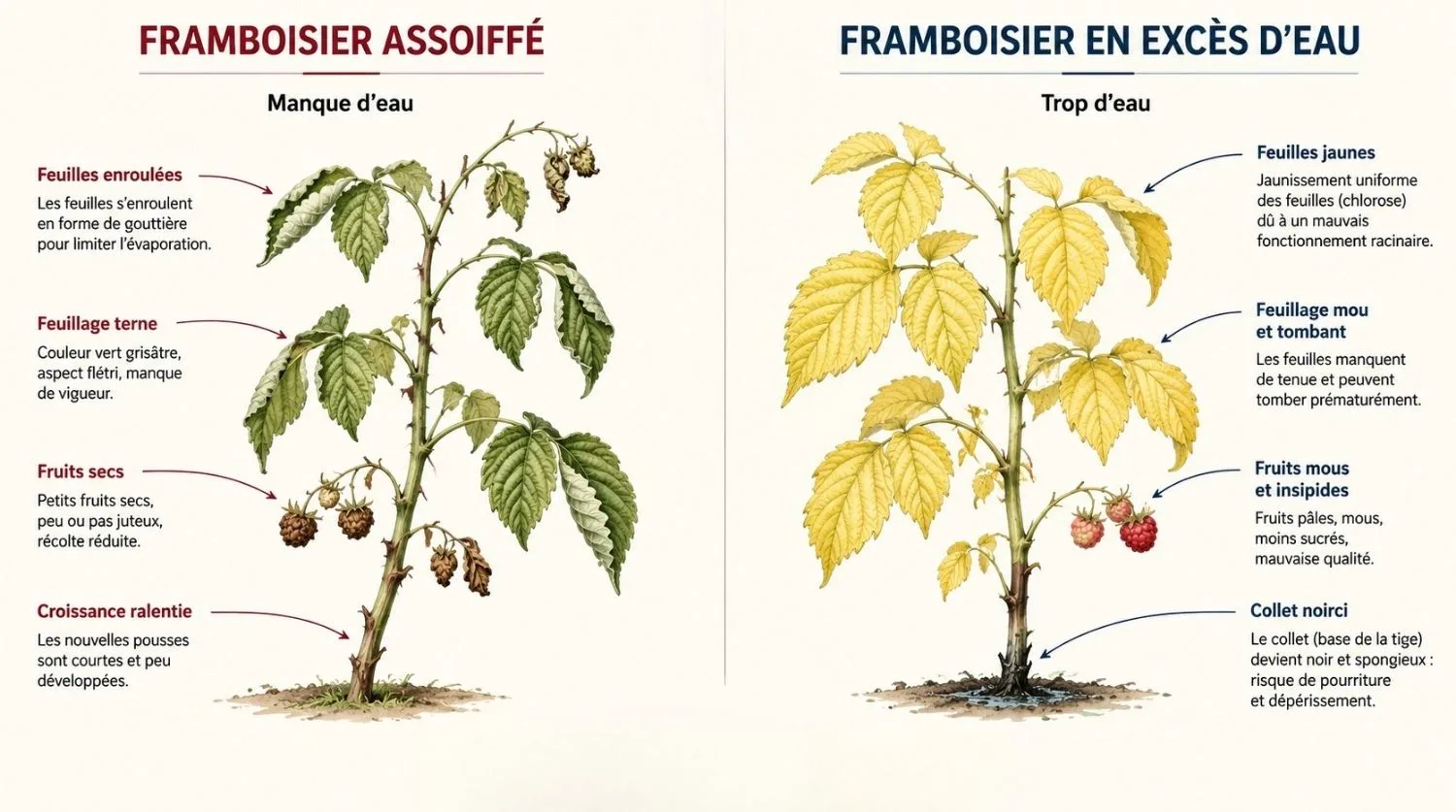 Illustration comparative un framboisier assoiffé et un framboisier en excès d'eau