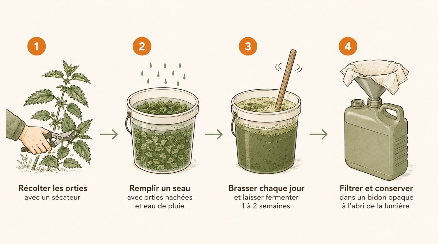 illustration schématique en 4 étapes de fabrication de purin d'orties