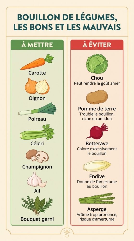 Infographie Bouillon de légumes, les bons et les mauvais légumes