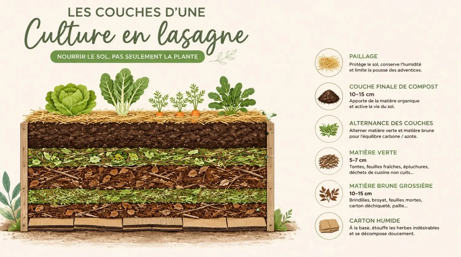 Infographie des couches d'une culture en lasagne au potager