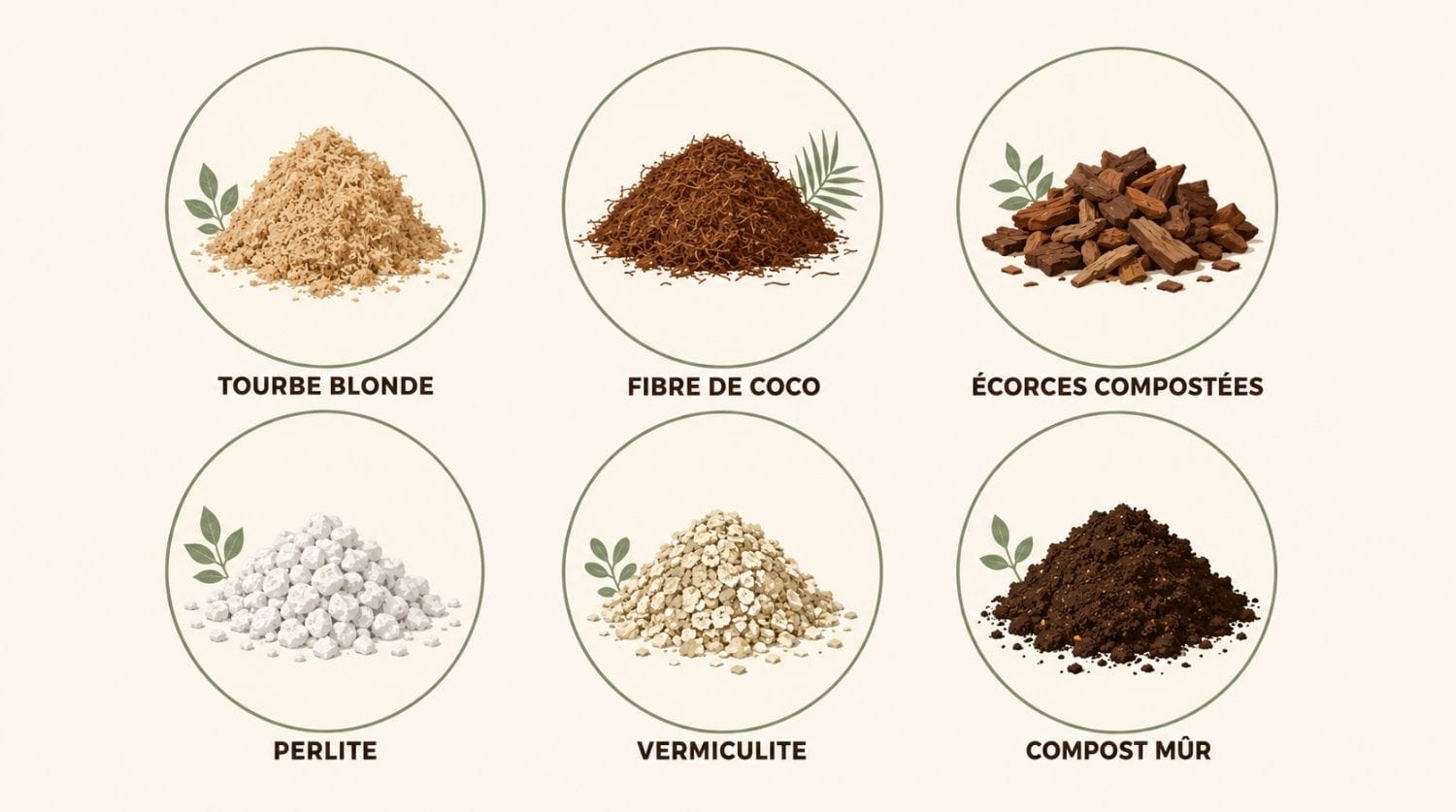 Infographie sur la composition d'un terreau, tourbe blonde, fibre de coco, écorces, perlite, vermiculite et compost