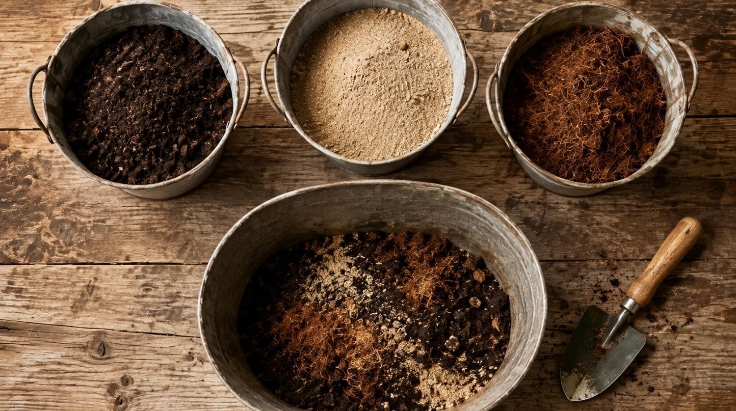 Ingrédients pour fabriquer son terreau maison, compost, sable de rivière et fibre de coco dans des bacs