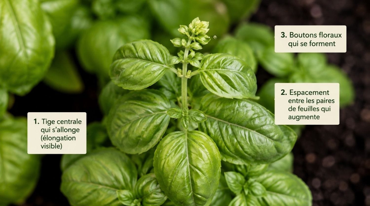 Les trois signes précoces de la montée en fleur du basilic à repérer avant la floraison.