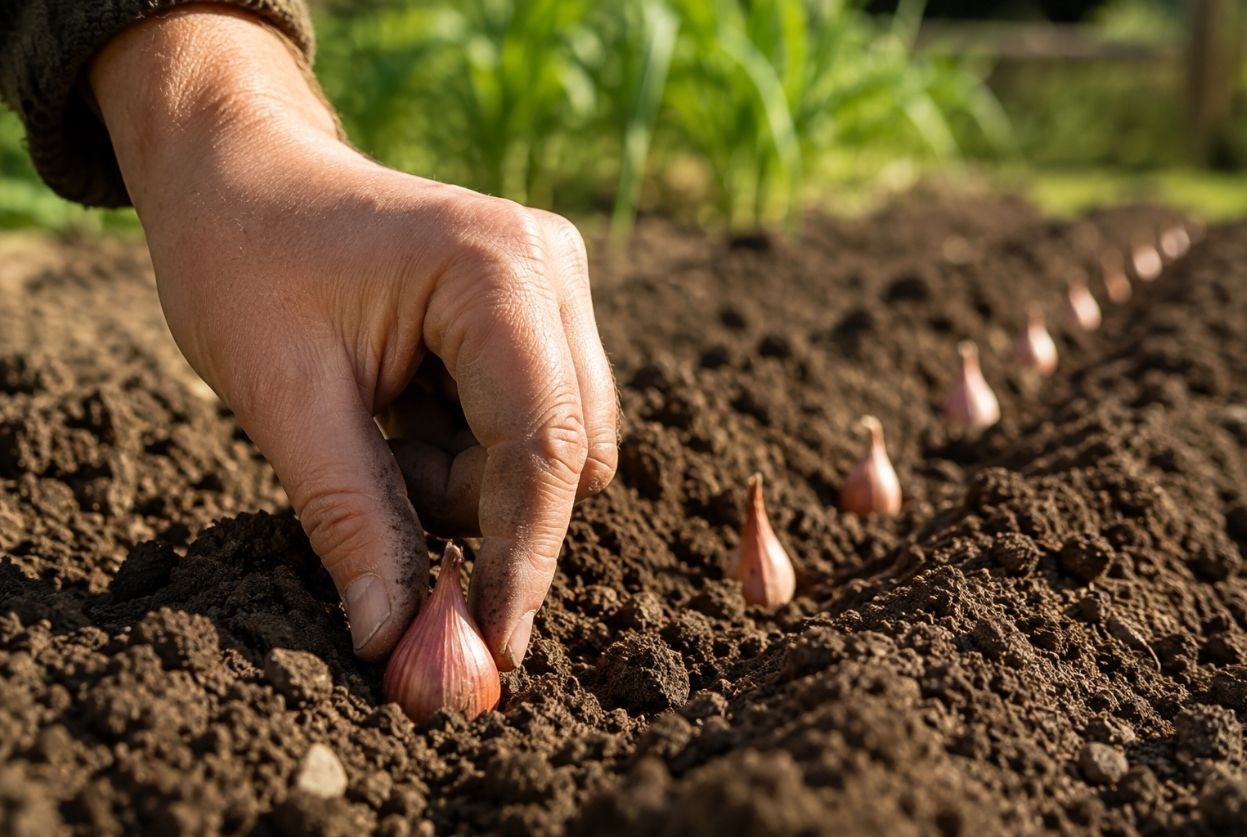 main de jardinier plantant un caïeu d'échalote