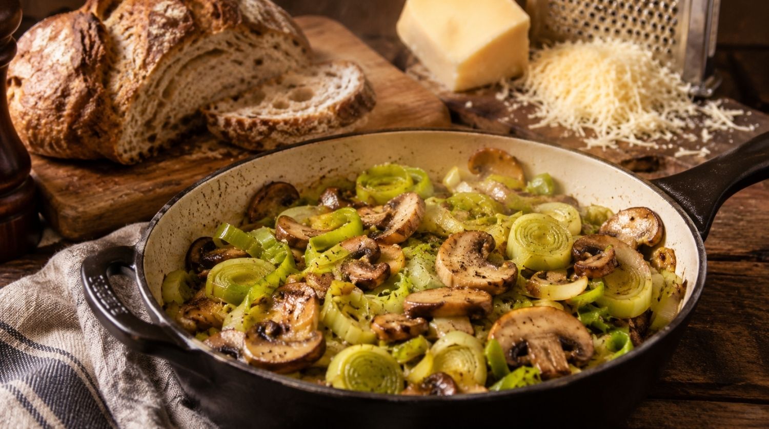 poêlée de rondelles de poireau fondues et de champignons de paris éminces dans une sauteuse