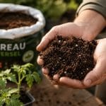 Poignée de terreau souple tenue dans les mains d'un jardinier, avec un sac de terreau et des plants de tomates en fond