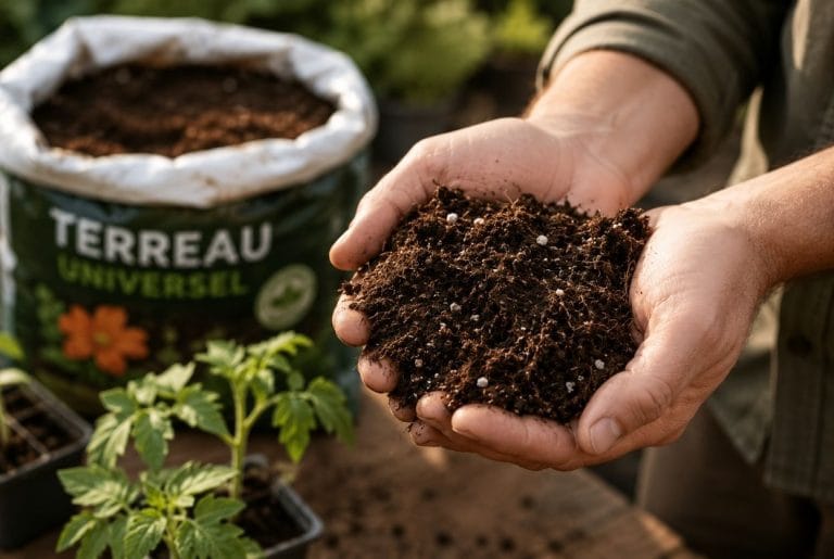 Poignée de terreau souple tenue dans les mains d'un jardinier, avec un sac de terreau et des plants de tomates en fond