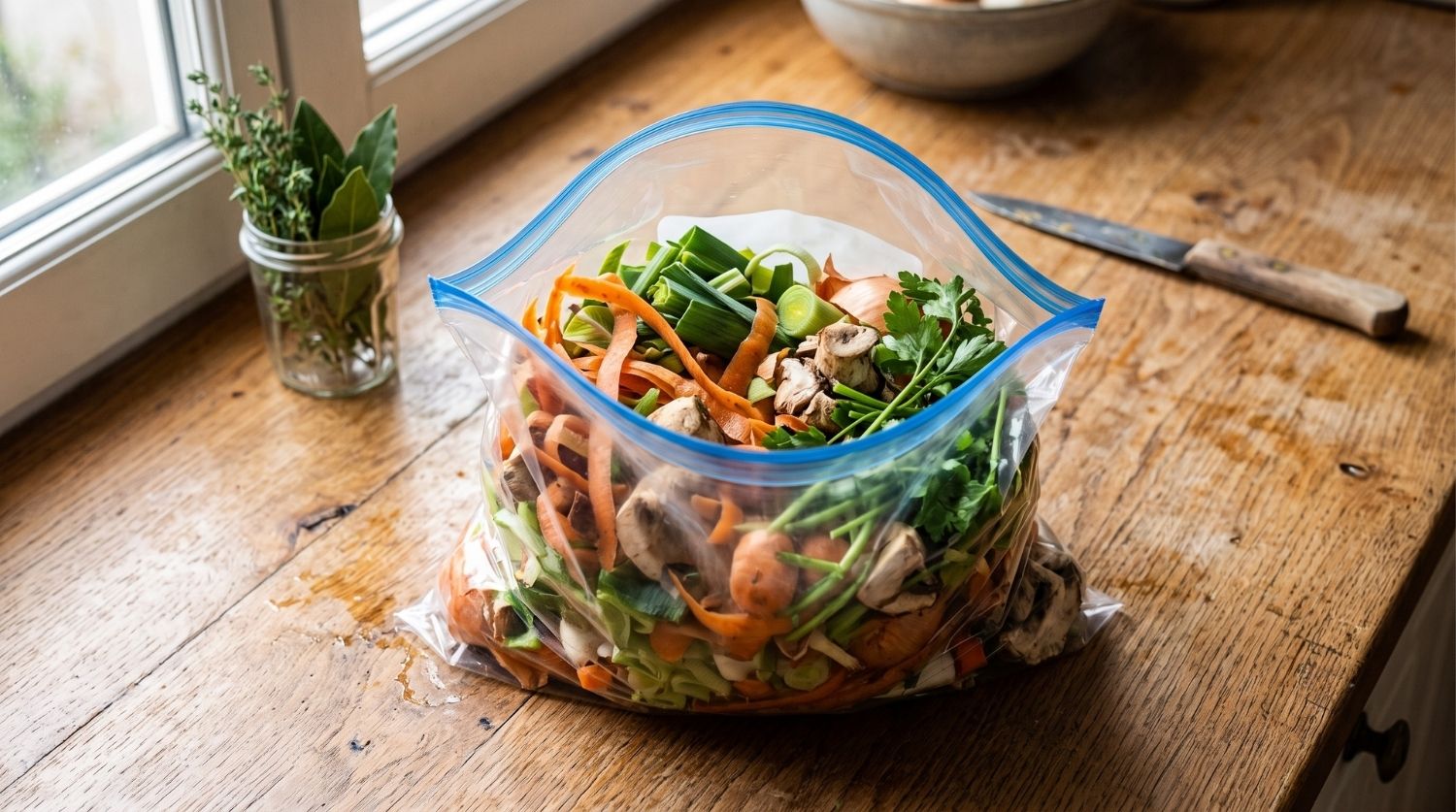 sac de congélation rempli d'épluchures de légumes