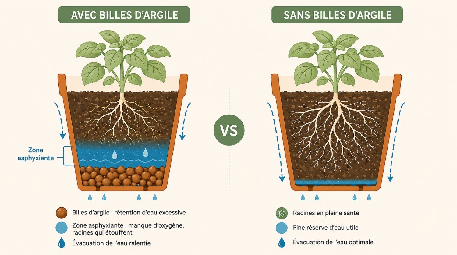 Schéma comparatif de pots avec et sans billes d'argile