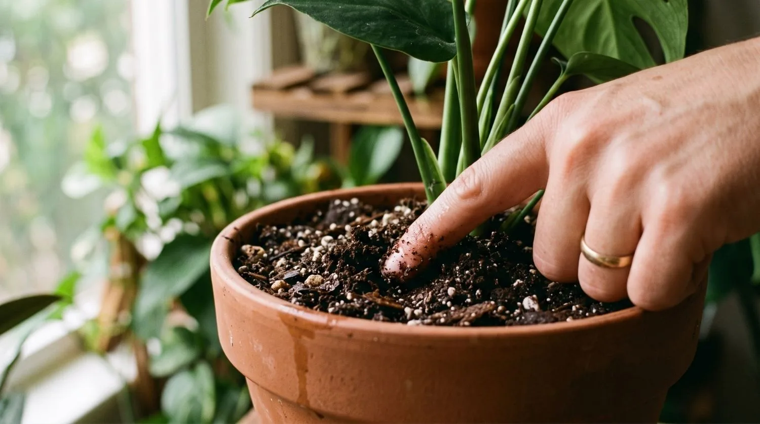 main qui enfonce l'index dans le terreau d'une plante d'intérieur en pot