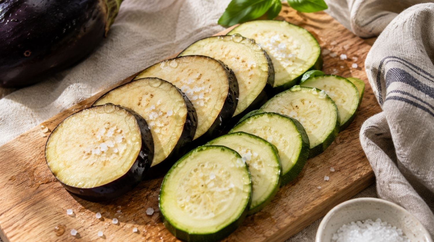 tranches d'aubergine et de courgette sur une planche, saupoudrées de gros sel