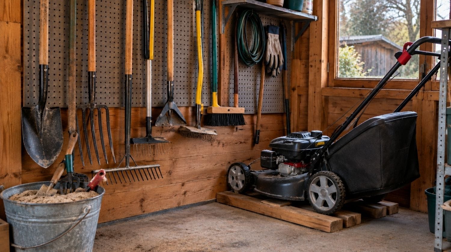 abri de jardin avec panneau perforé, outils suspendus