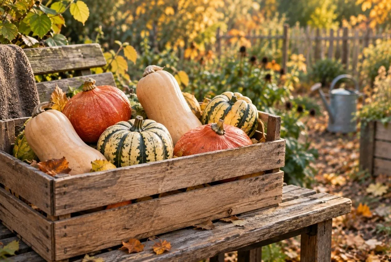 cagette en bois remplie de courges potimarron butternut patidou rayé