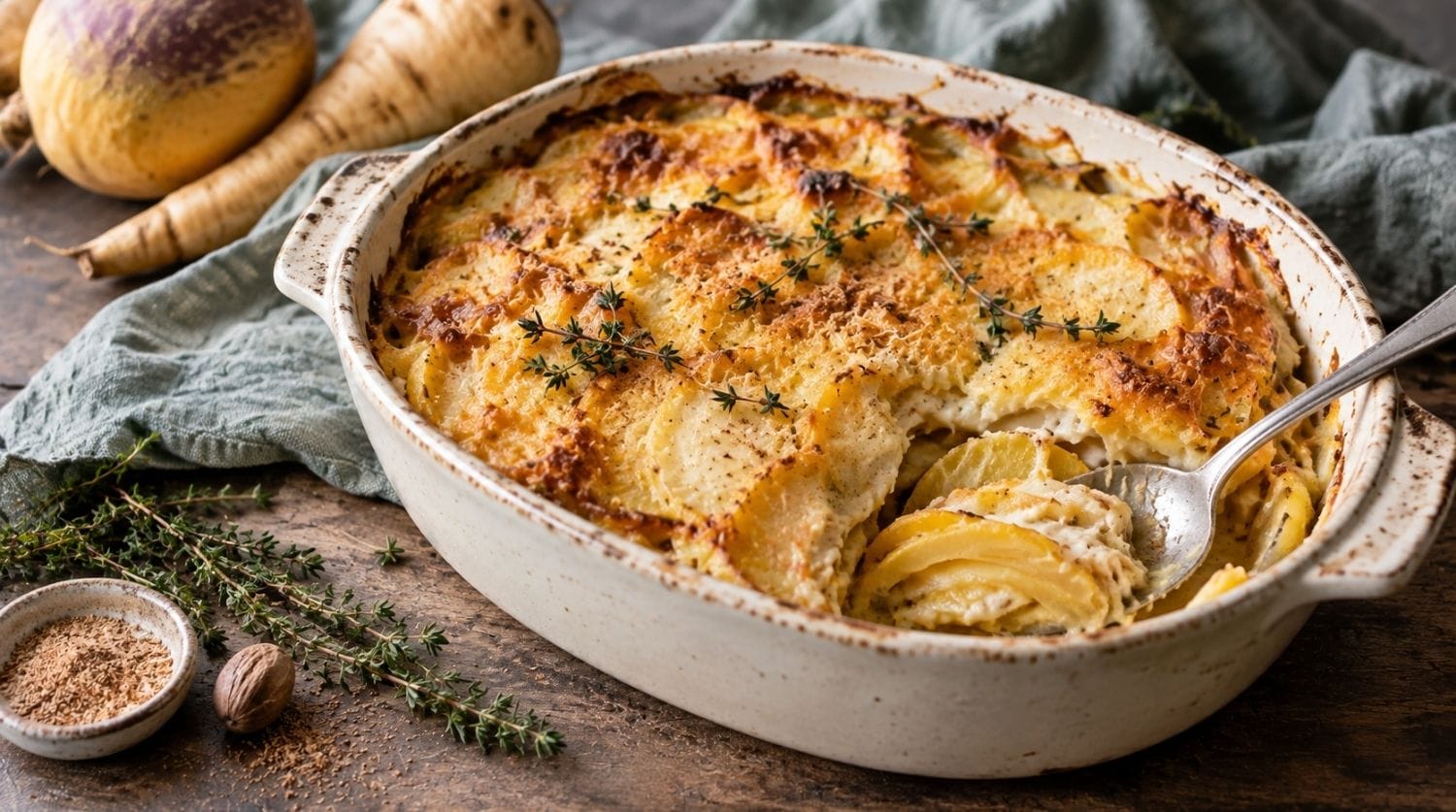 Gratin de rutabaga et panais au comté doré dans un plat en céramique
