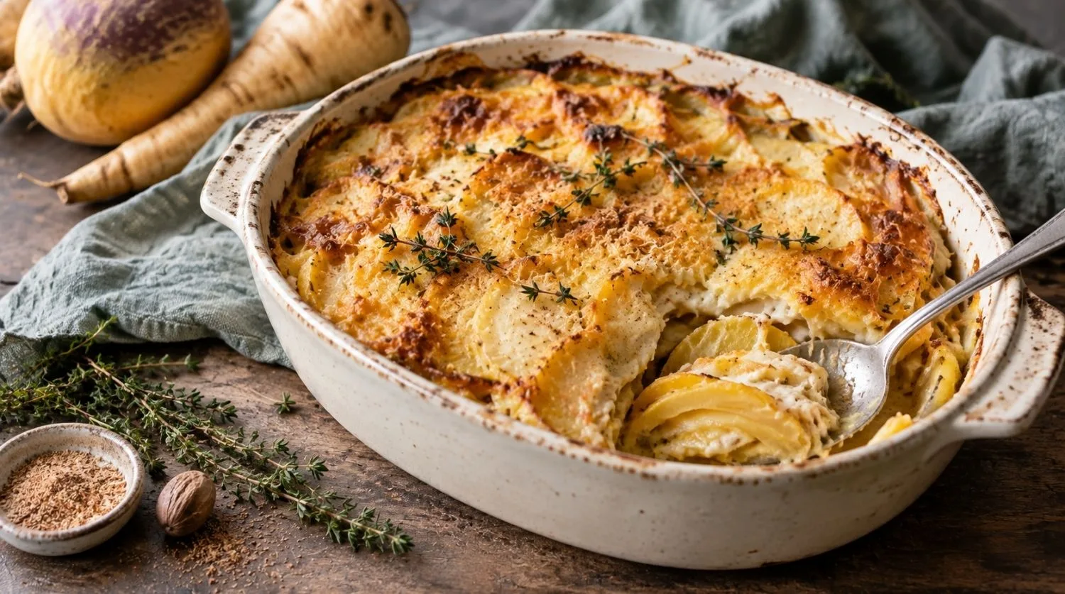 Gratin de rutabaga et panais au comté doré dans un plat en céramique