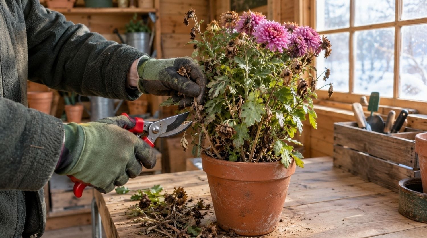 Main coupant les tiges fanées d'un chrysanthème en pot