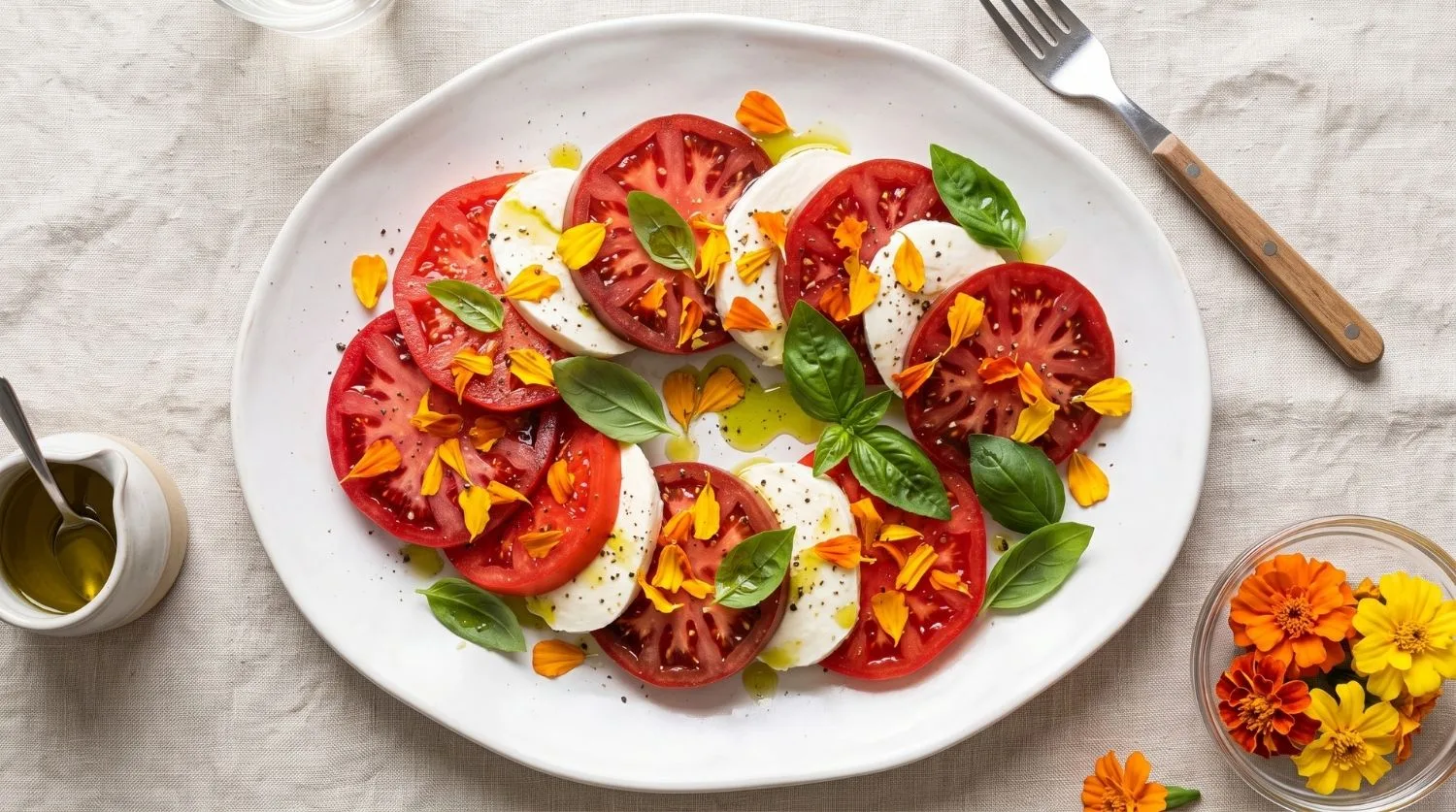 Pétales d'œillet d'Inde parsemés sur une salade de tomates