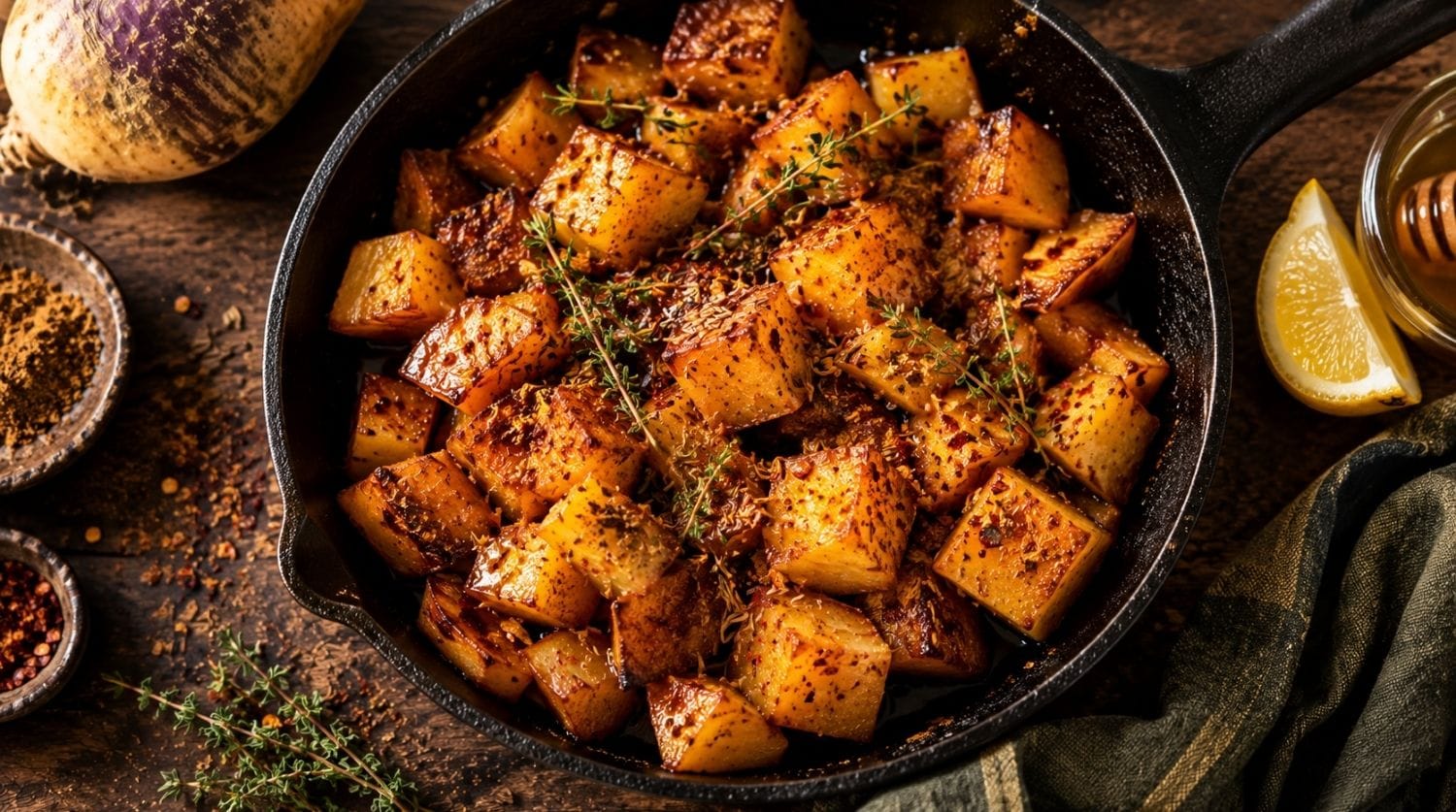 Poêlée de rutabaga au miel et épices dorées dans une poêle en fonte