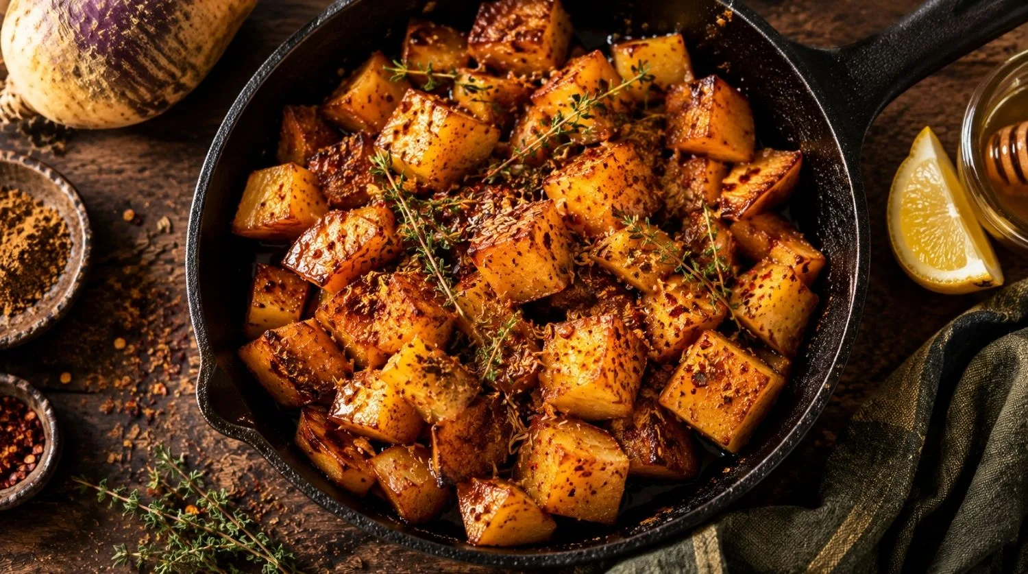 Poêlée de rutabaga au miel et épices dorées dans une poêle en fonte