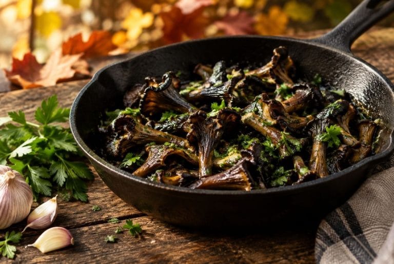 Photographie culinaire, poêlée de trompettes de la mort noires dorées en persillade dans une poêle en fonte, persil plat frais, gousse d'ail
