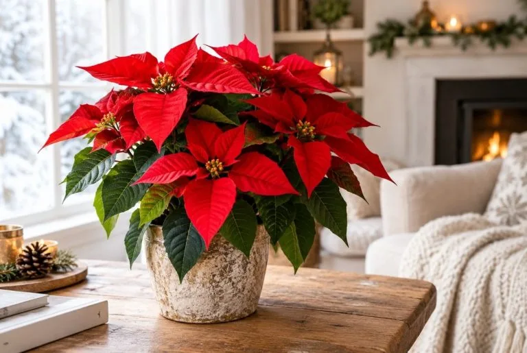 Poinsettia rouge éclatant en pot, plante d'intérieur star des fêtes de Noël