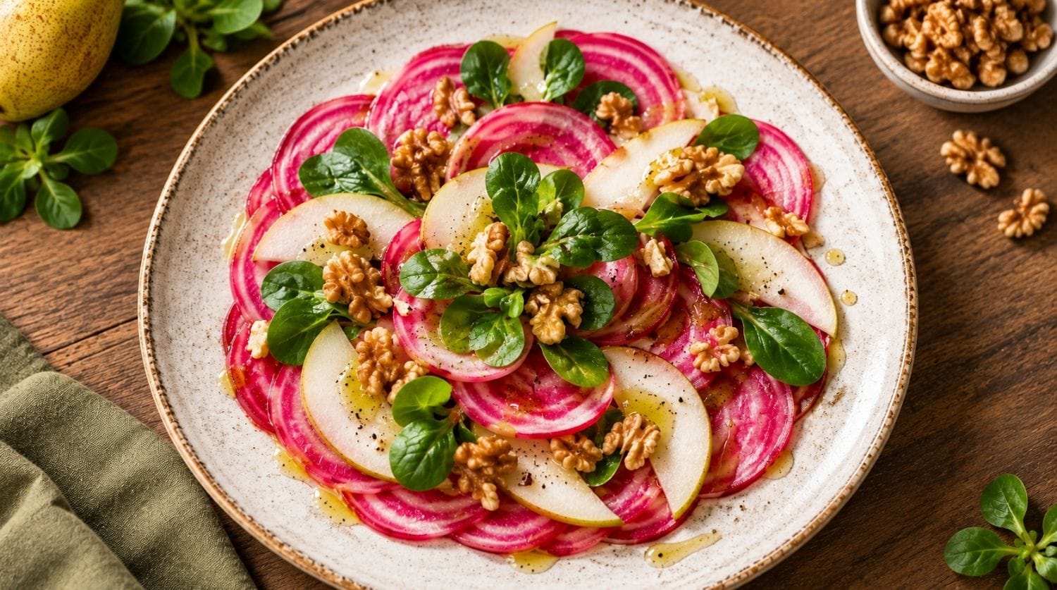 Recette de betterave Chioggia : le carpaccio poire et noix