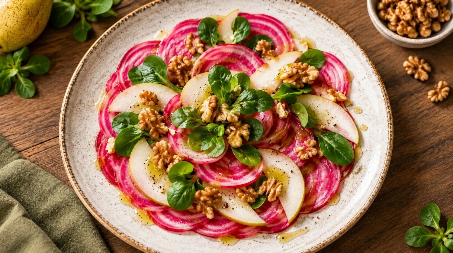 Recette de betterave Chioggia : le carpaccio poire et noix