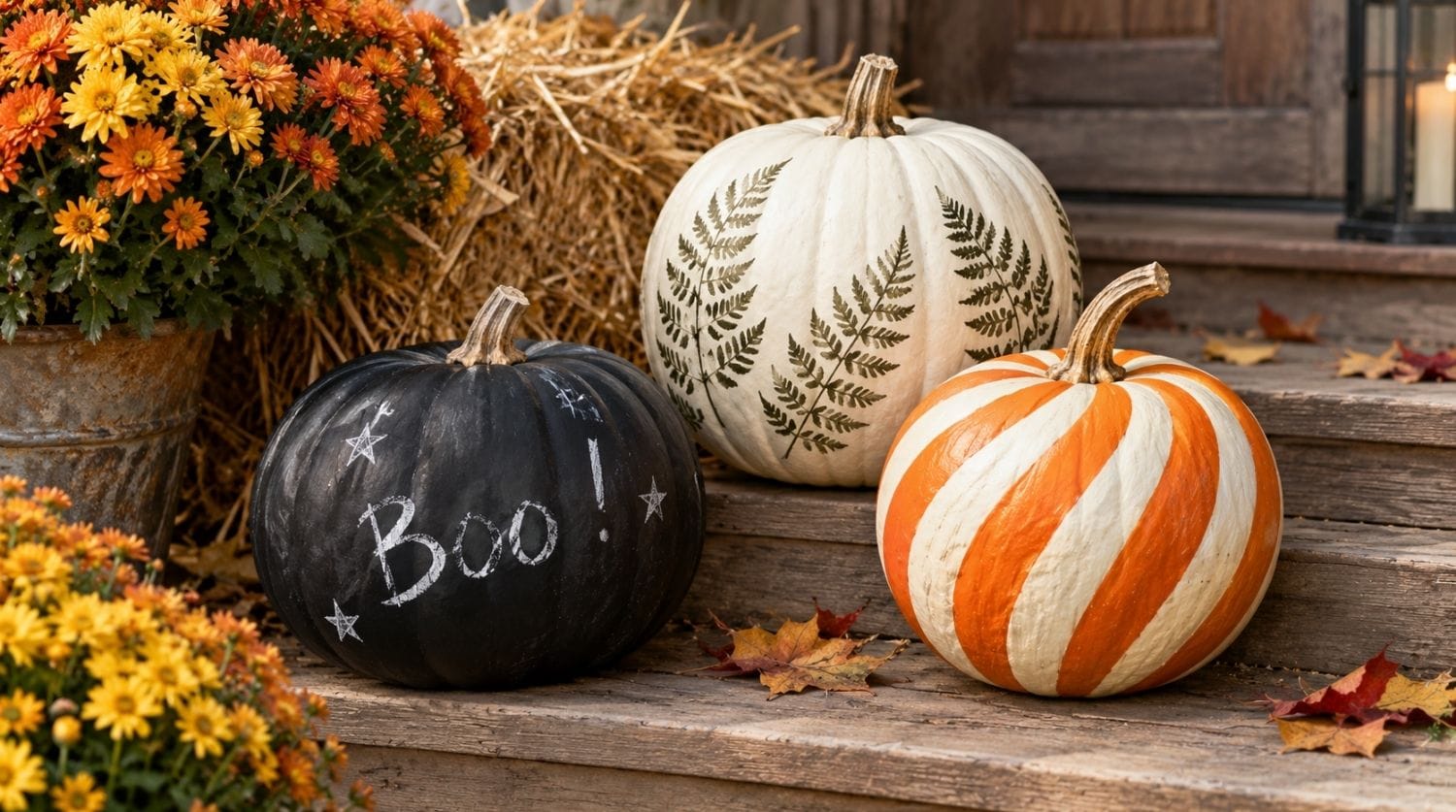 Trois citrouilles peintes, une noire ardoise marquée "Boo !" à la craie, une blanche avec empreinte de fougère, une à rayures spirales