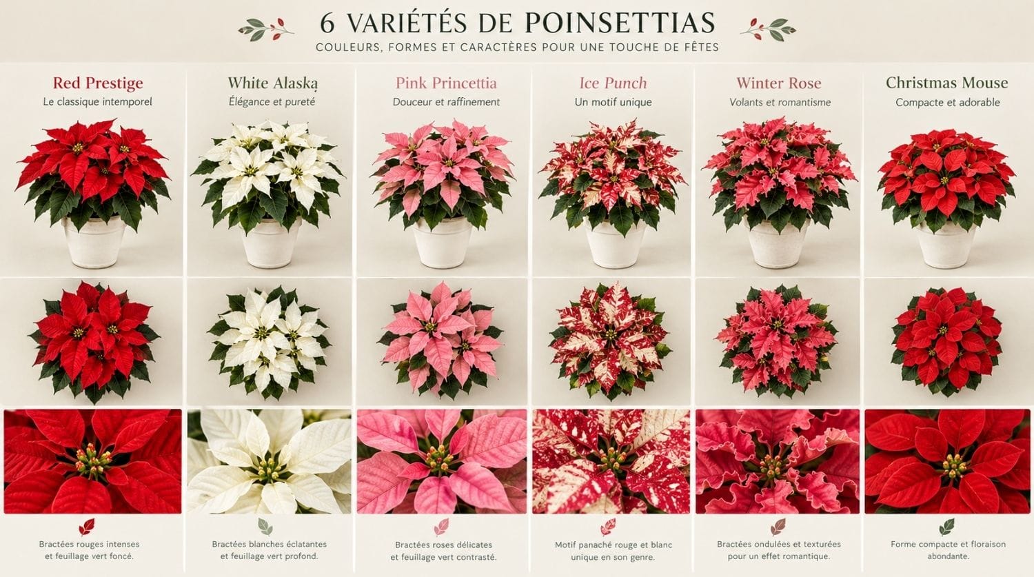 Variétés de poinsettia rouge, blanc, rose, panaché et à bractées frisées