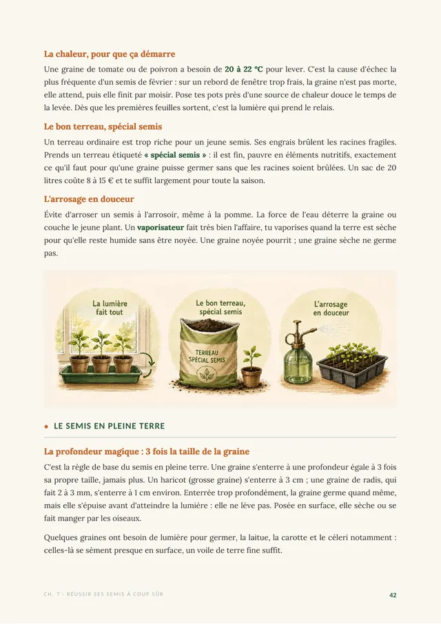 Page du guide sur les semis : lumière, terreau spécial semis et arrosage en douceur