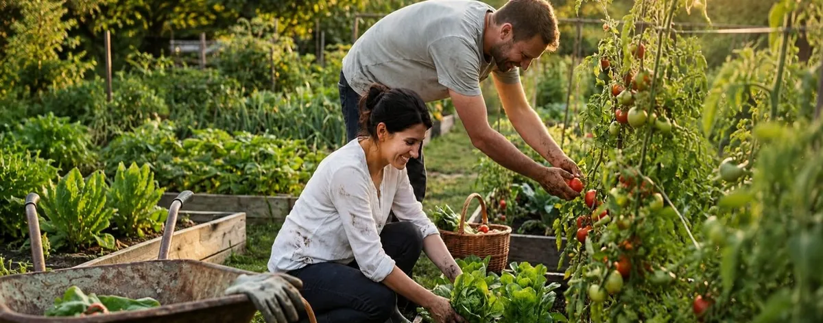 Cindy et Loïc, auteurs du guide, récoltant des tomates dans leur potager
