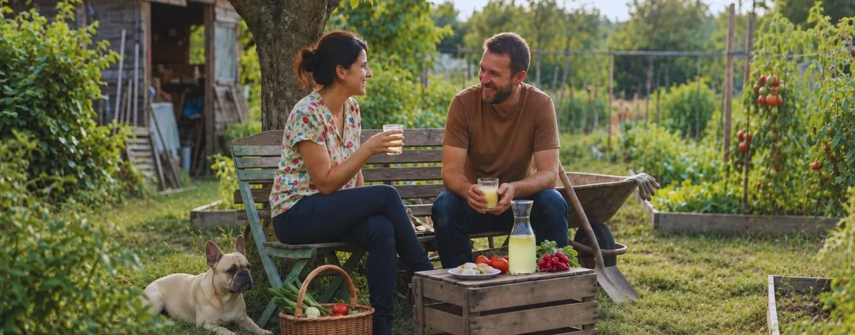 Cindy et Loïc font une pause au milieu de leur potager avec leur chien