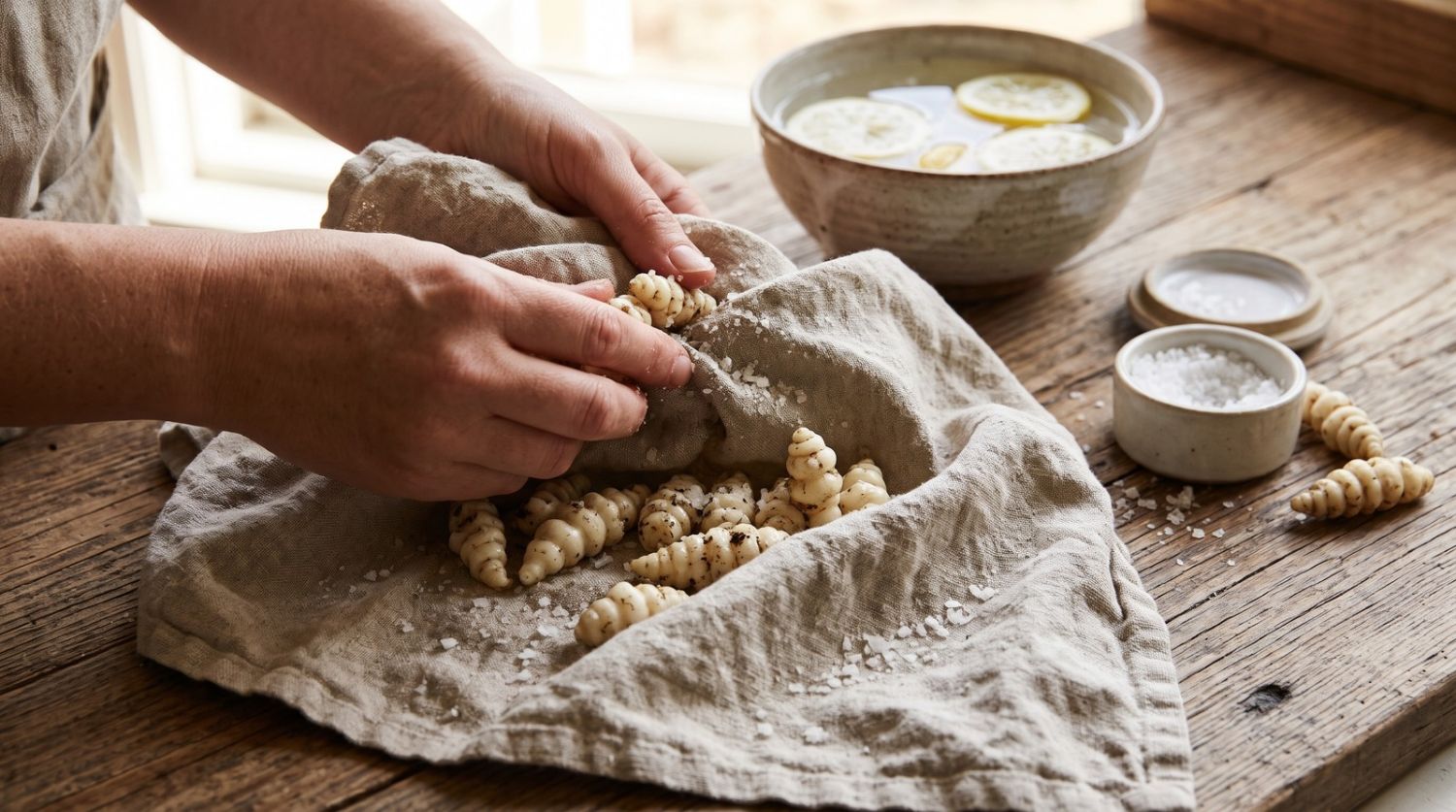 Crosnes frottés dans un torchon avec du gros sel