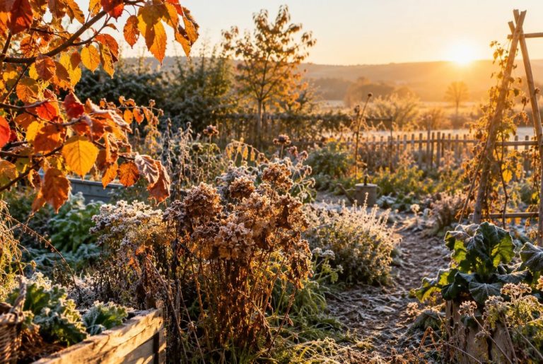 jardin d'automne givré au lever du soleil