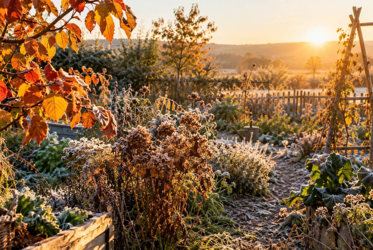 jardin d'automne givré au lever du soleil