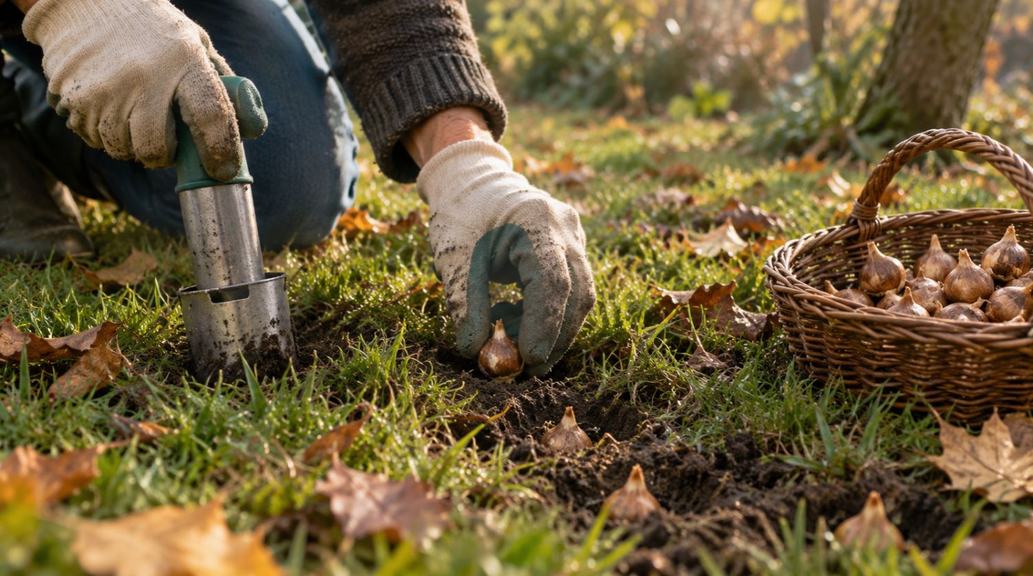 jardinier plantant des cormes de crocus dans une pelouse
