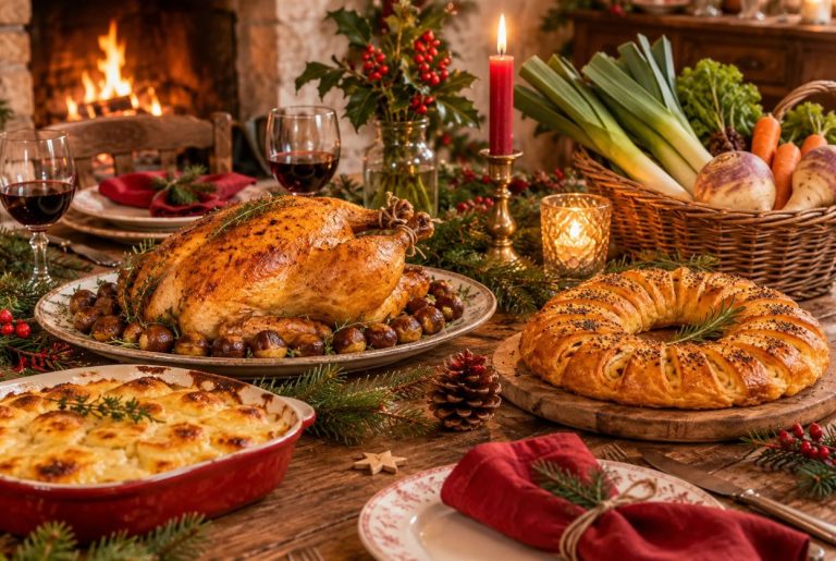 repas de Noël rustique au coin du feu